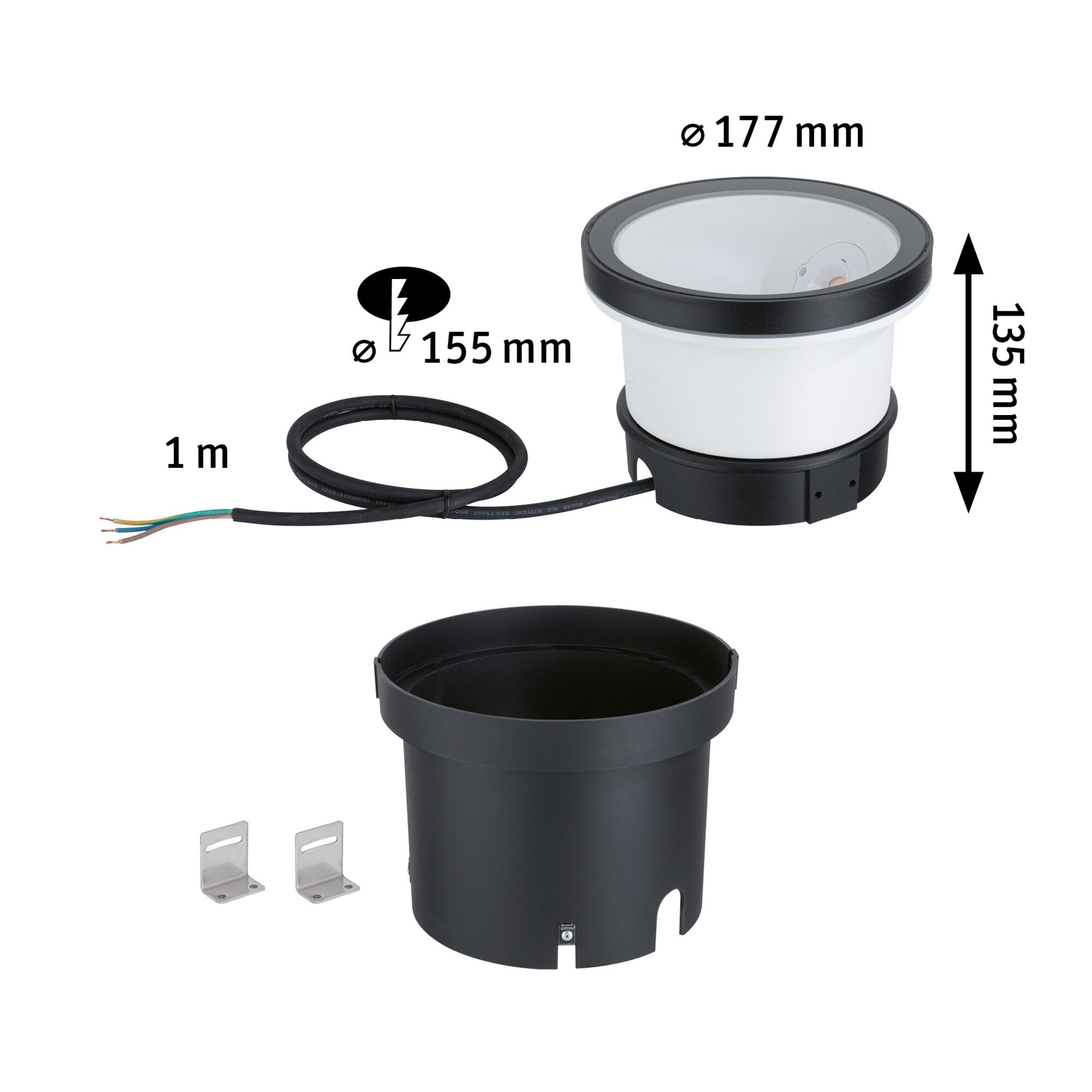 Dimensions and parts of black and white LED recessed light set with cable and mounting brackets
