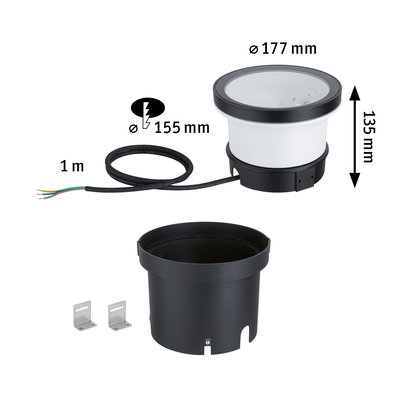Maßzeichnung und Einzelteile eines schwarzen und weißen LED-Einbauleuchtensets mit Kabel und Halterungen