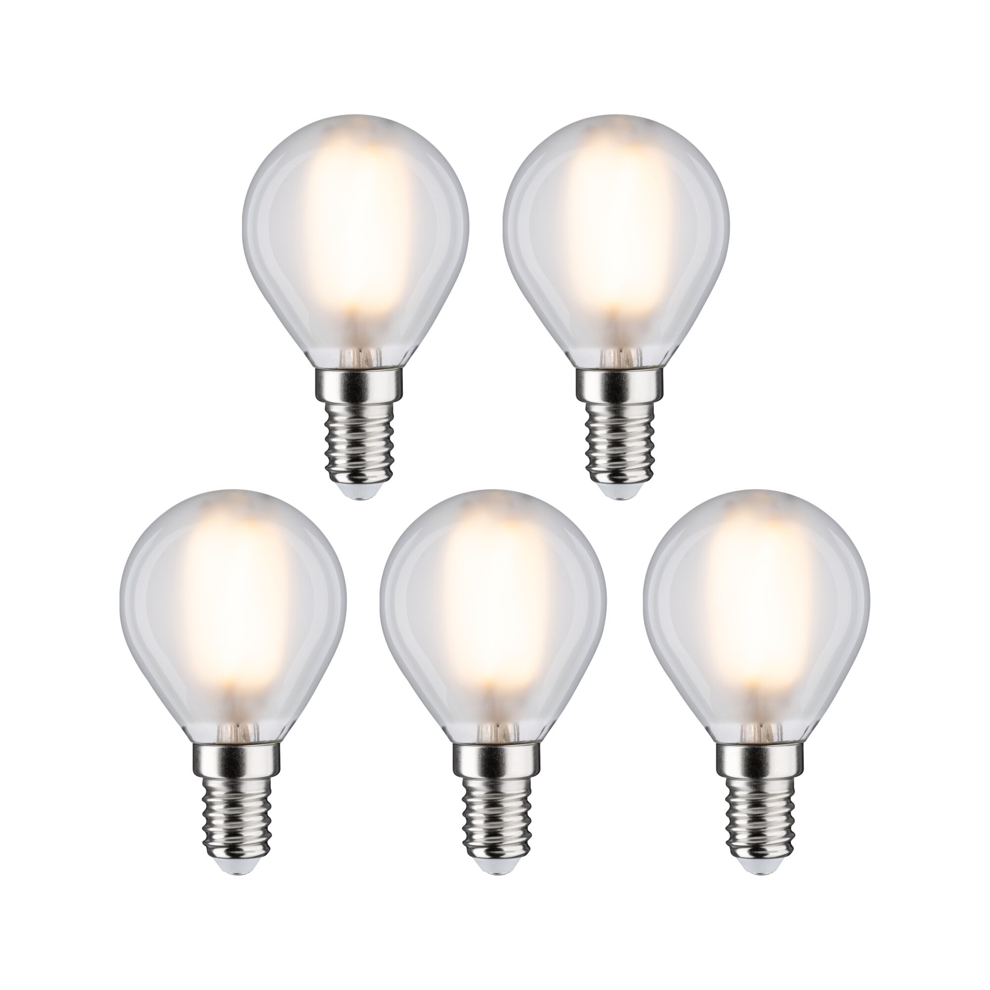 Fünf klare LED-Leuchtmittel mit E14-Fassung und warmweißem Licht für energiesparende Beleuchtung