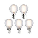 Fünf klare LED-Leuchtmittel mit E14-Fassung und warmweißem Licht für energiesparende Beleuchtung