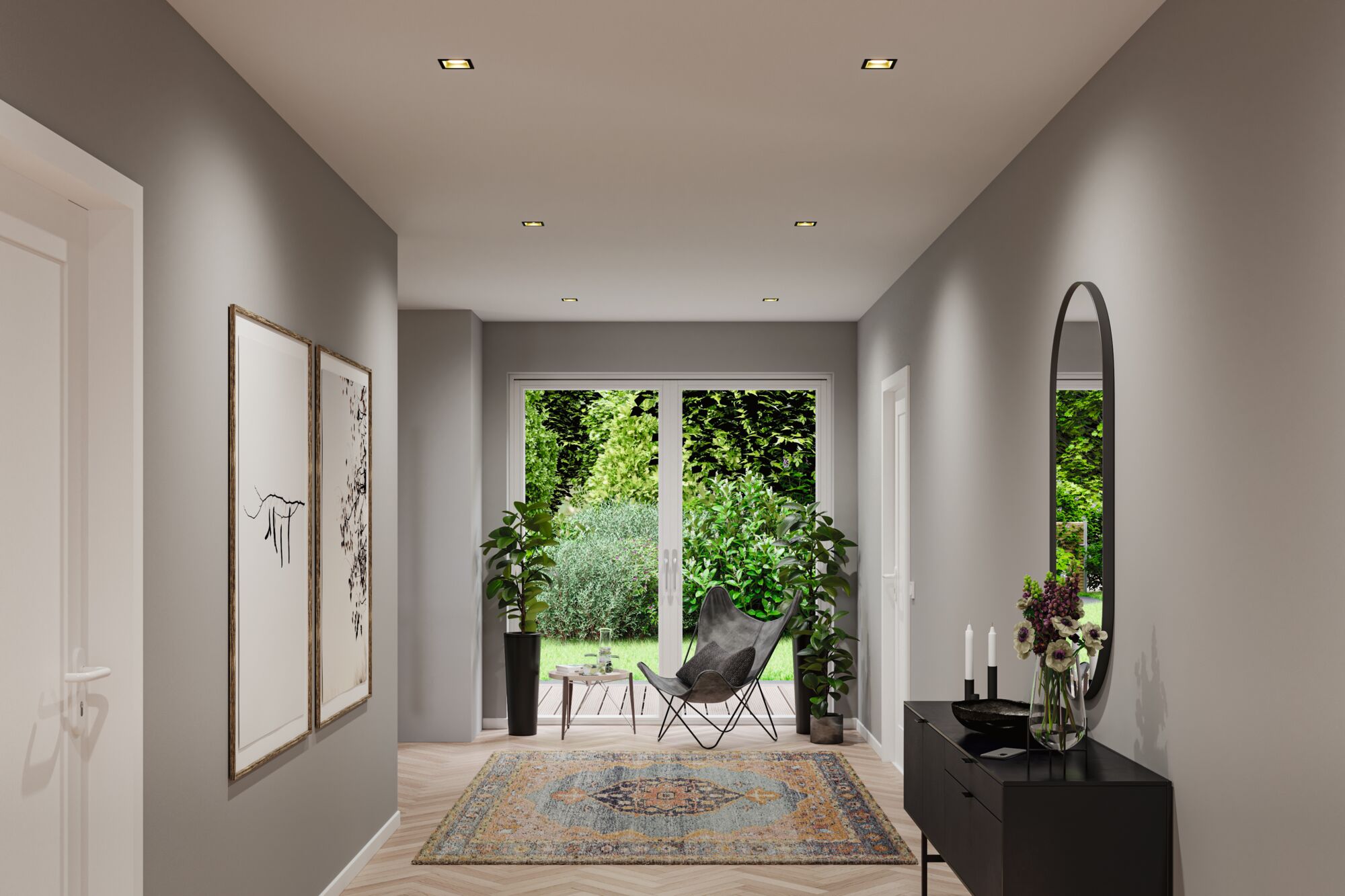 Modern hallway with grey walls, patterned rug, black sideboard and recessed LED ceiling lights