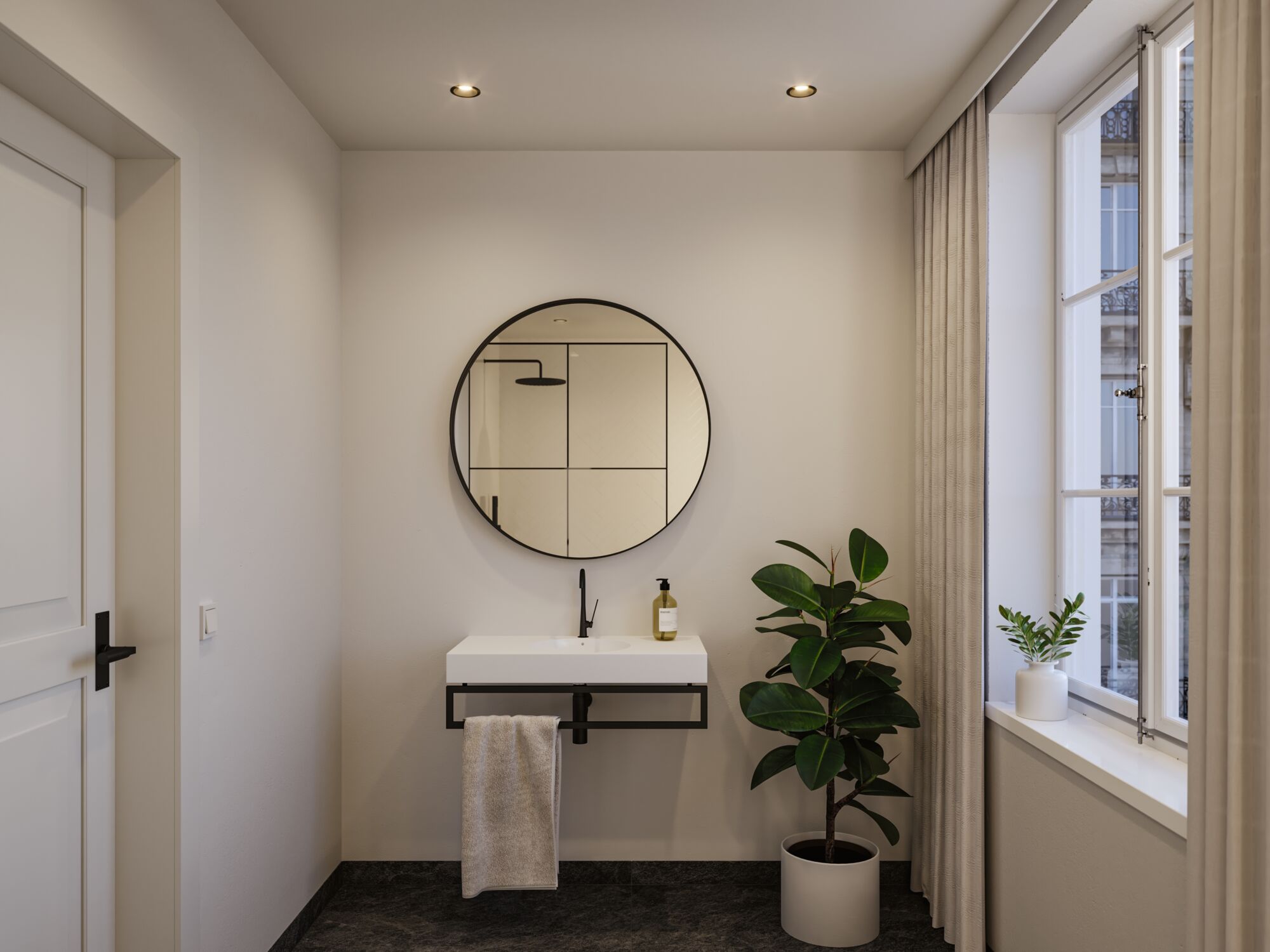 Modernes Badezimmer mit weißem Waschbecken, schwarzem Armatur und rundem Spiegel, LED-Deckenleuchten.