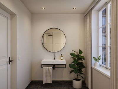 Modernes Badezimmer mit weißem Waschbecken, schwarzem Armatur und rundem Spiegel, LED-Deckenleuchten.