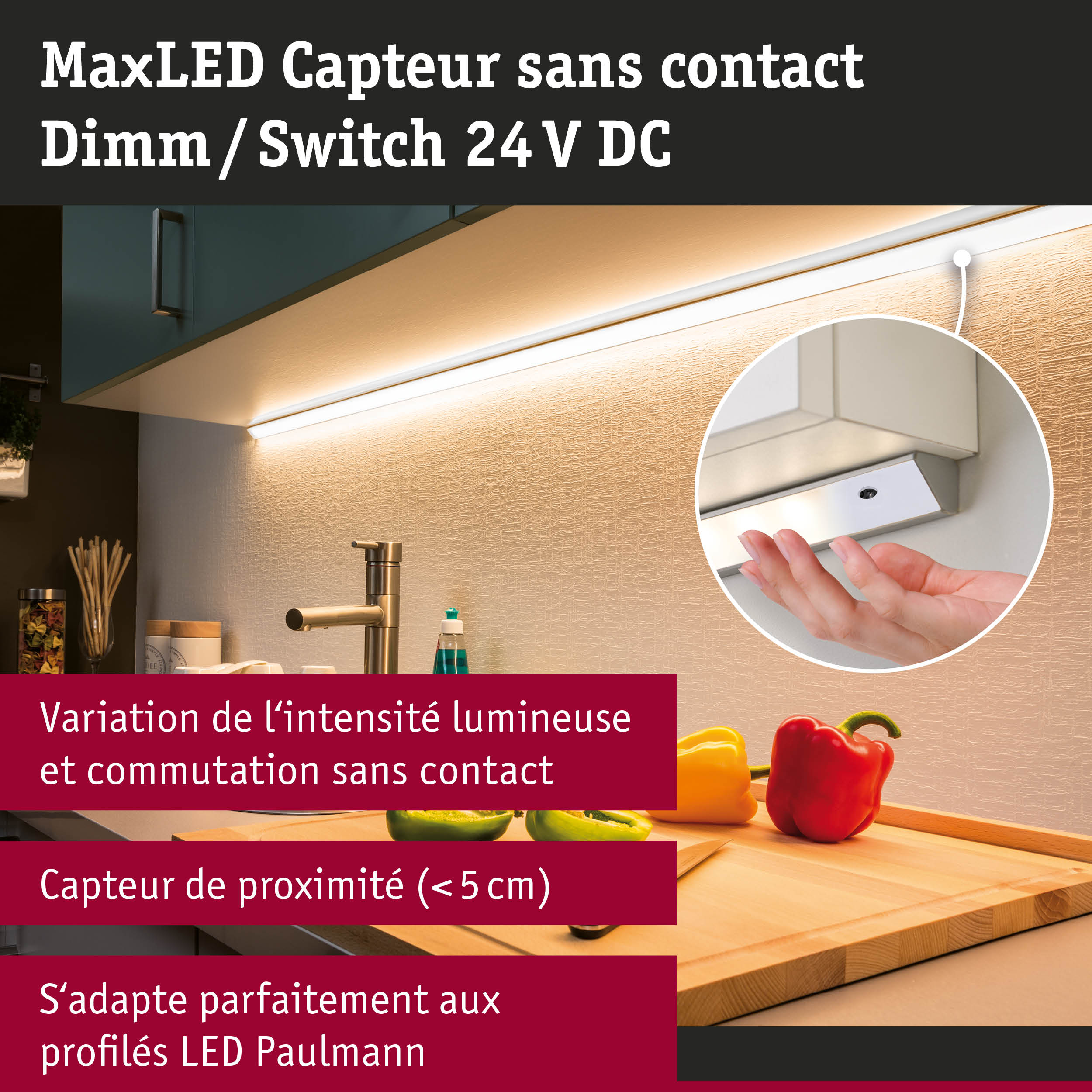Éclairage LED sous meuble blanc avec variateur et interrupteur sans contact pour cuisine