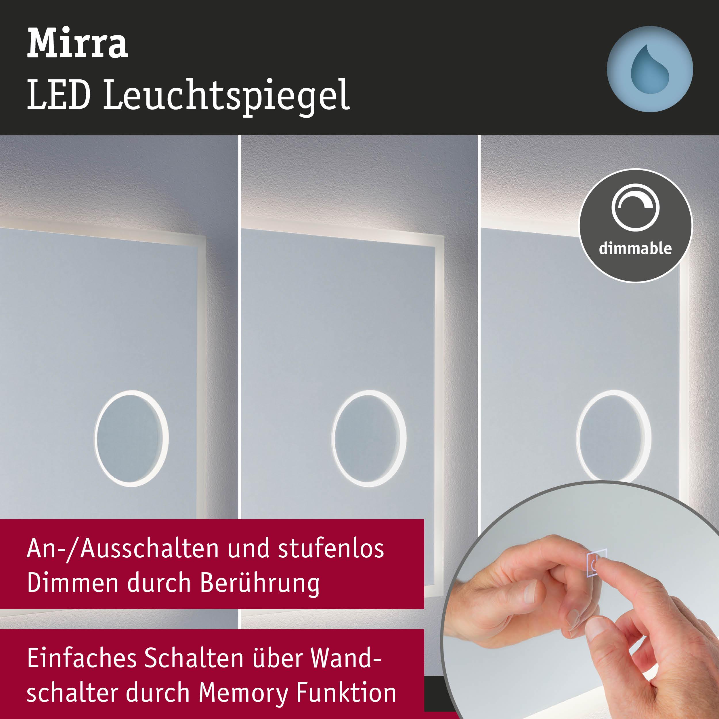 Mirra LED Leuchtspiegel mit Touch-Dimmen und Memory-Funktion, rechteckig mit weißem Lichtrahmen