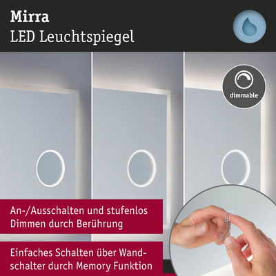 Mirra LED Leuchtspiegel mit Touch-Dimmen und Memory-Funktion, rechteckig mit weißem Lichtrahmen