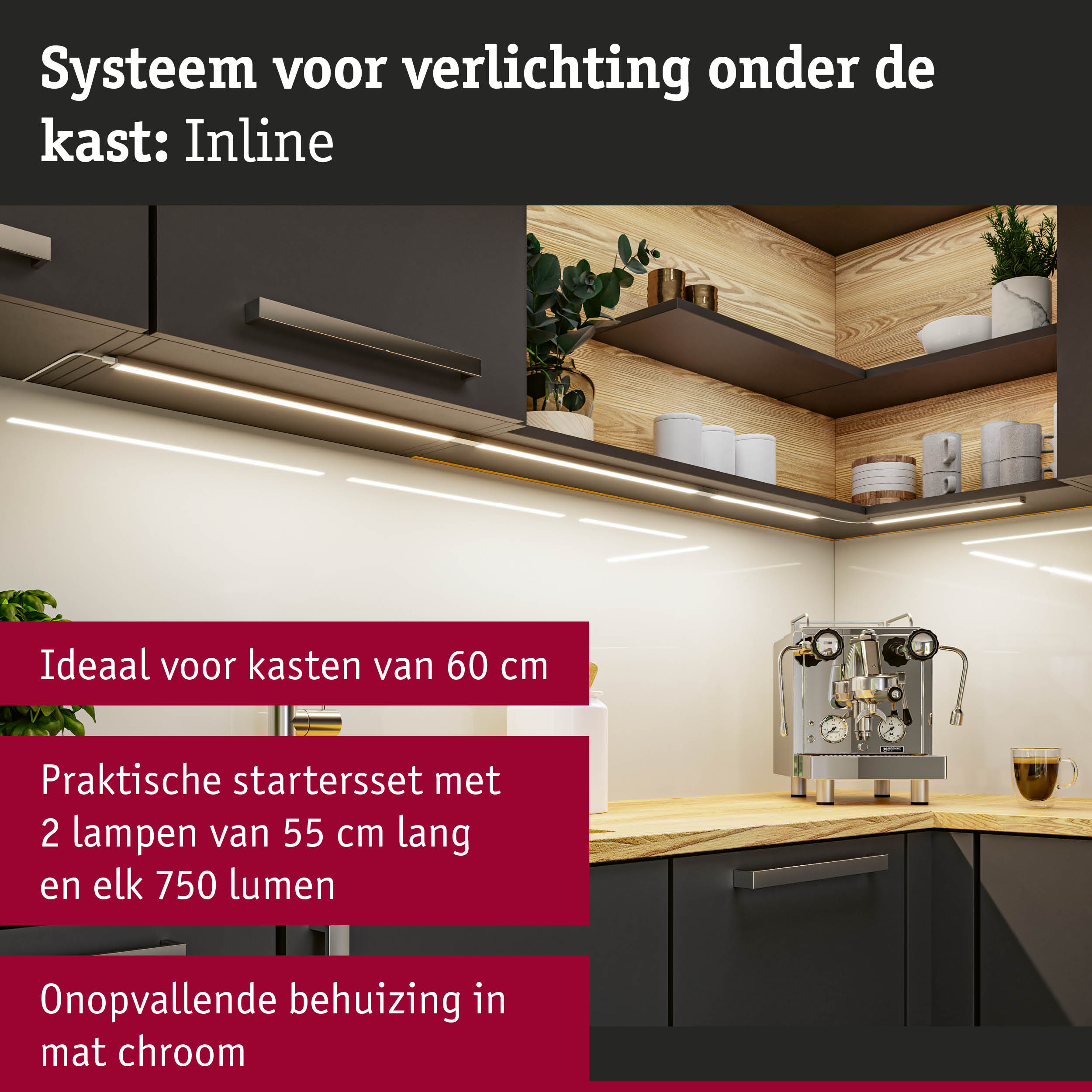 Mat chroom LED-verlichtingssysteem onder kast voor heldere keukenwerkbladverlichting
