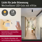 Schwarze LED-Deckenleuchte mit wechselbarem LED-Coin und warmweißem Licht dimmbar in 3 Stufen