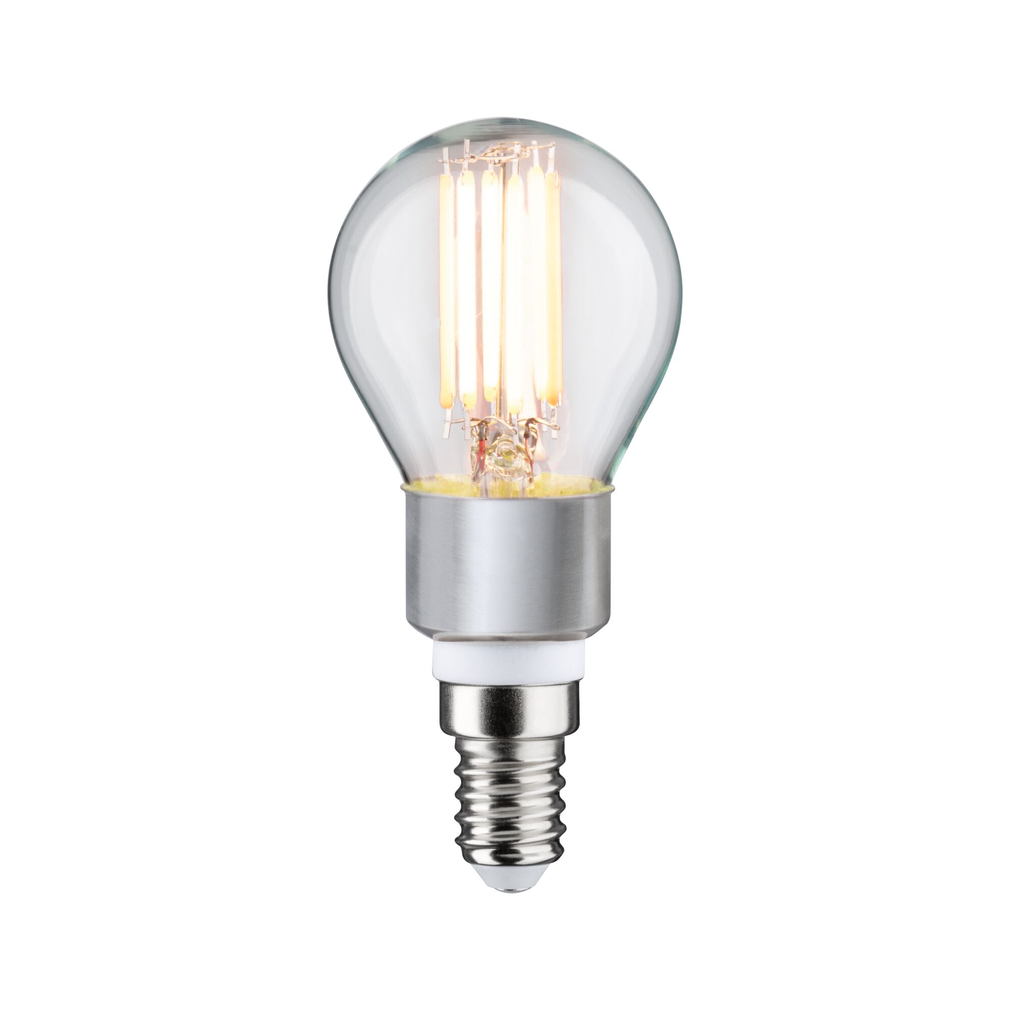 LED light bulb with clear glass globe and warm white light, energy-saving bulb with E14 base