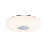 Runde Deckenleuchte aus weißem Kunststoff mit silbernem Mittelteil, moderne LED Lampe für Wohnzimmer