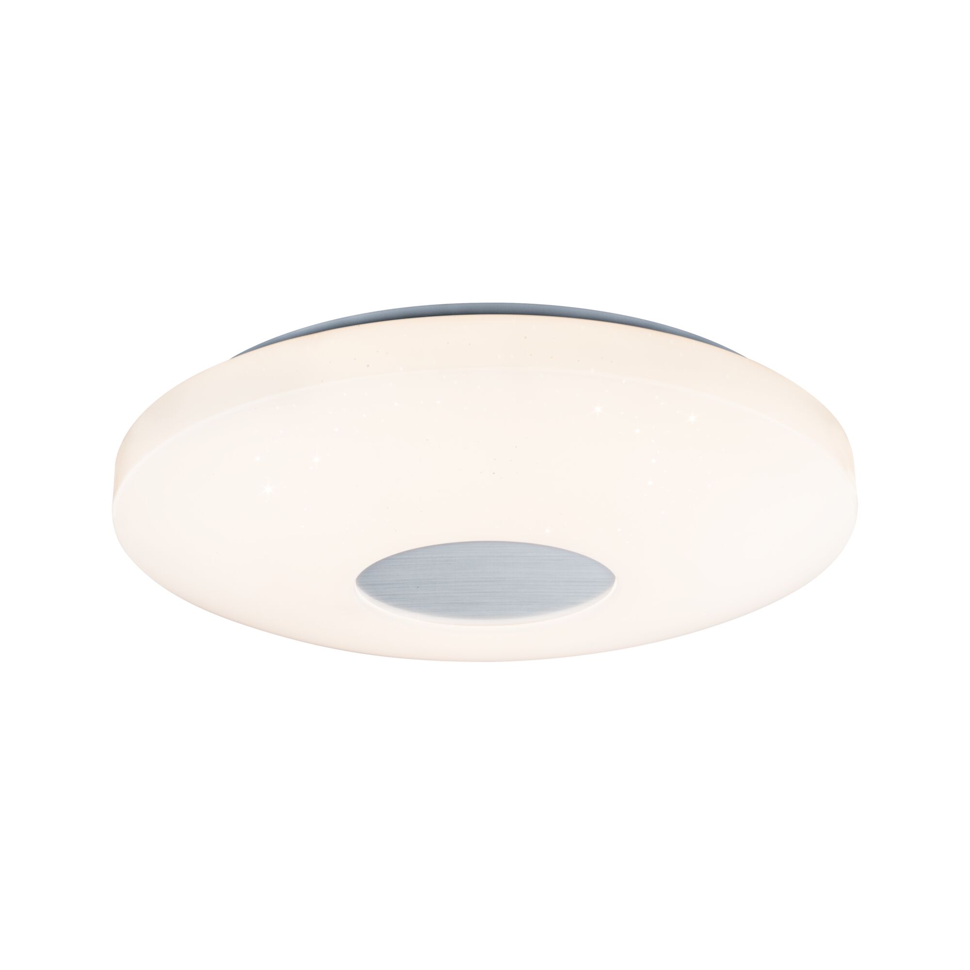 Runde Deckenleuchte aus weißem Kunststoff mit silbernem Mittelteil, moderne LED Lampe für Wohnzimmer