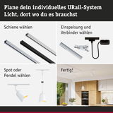 Anleitung zur Planung eines URail-Systems mit Schienen, Verbindern, Spots und Pendelleuchten in Weiß und Schwarz