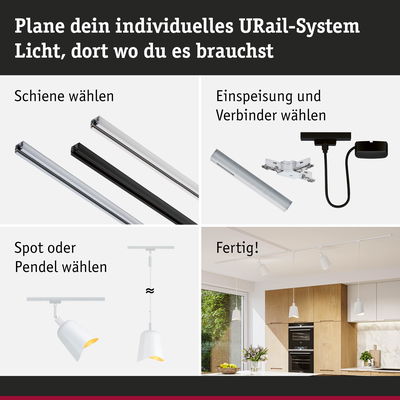 Anleitung zur Planung eines URail-Systems mit Schienen, Verbindern, Spots und Pendelleuchten in Weiß und Schwarz
