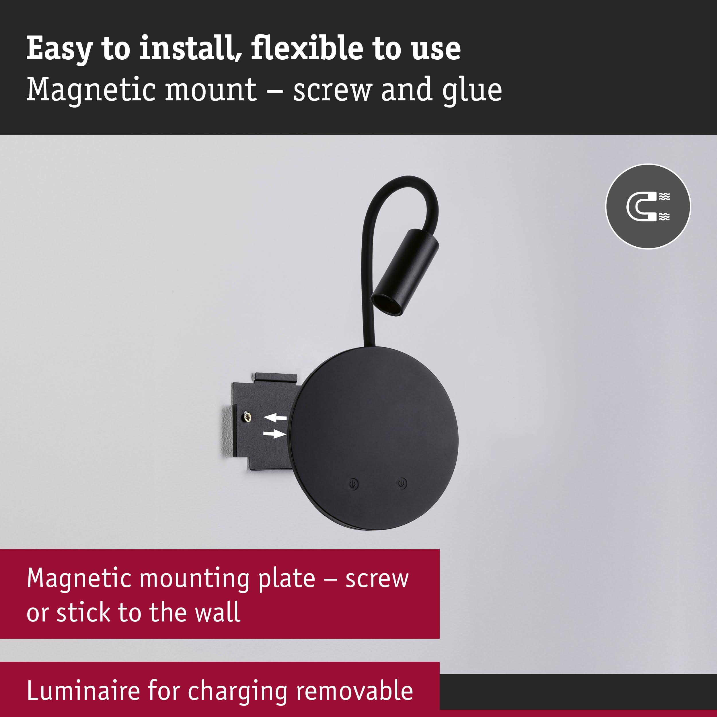 Black magnetic wall light with flexible mounting and removable charger for easy installation and use