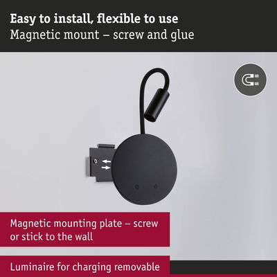 Black magnetic wall light with flexible mounting and removable charger for easy installation and use
