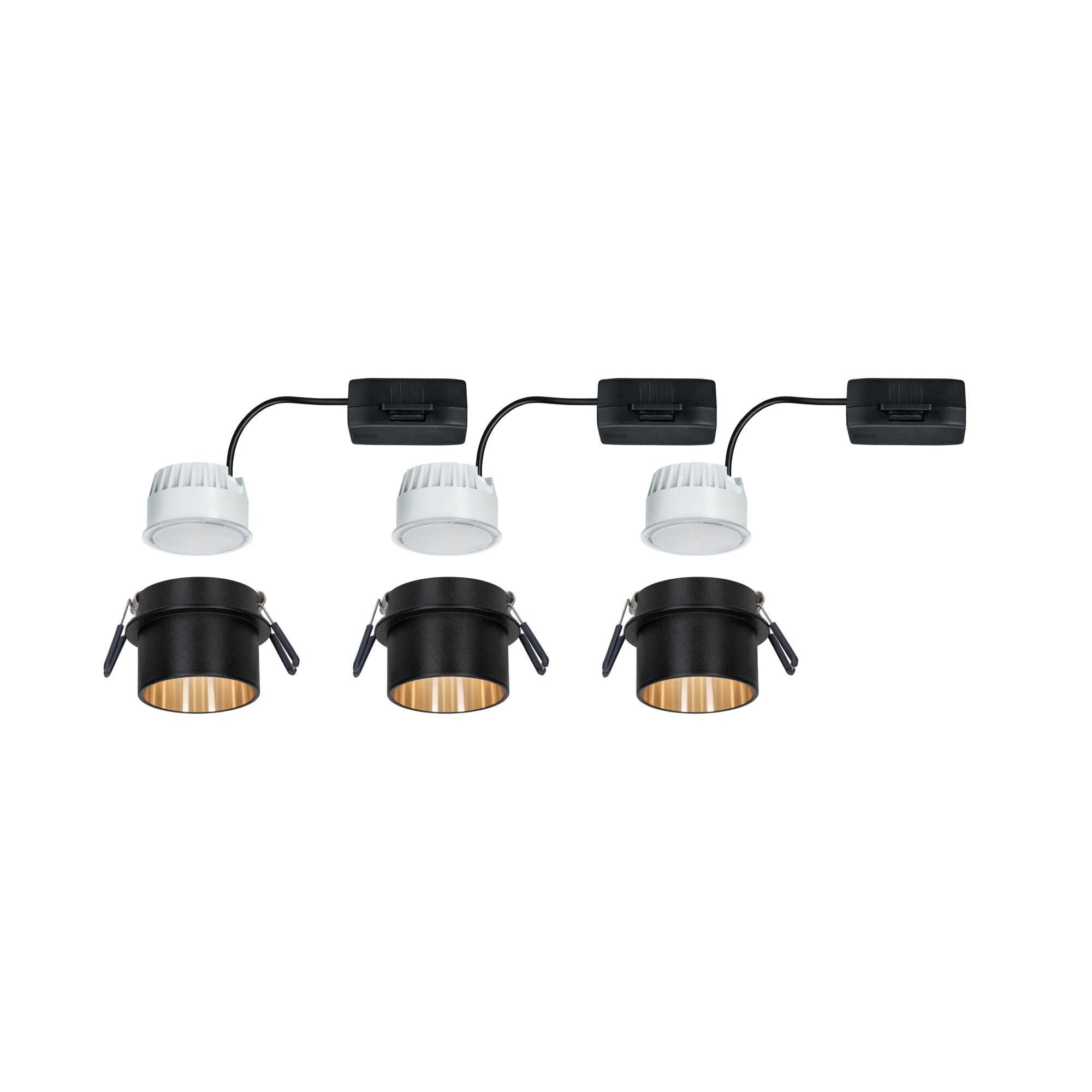 Trois spots encastrés noirs avec intérieur doré et drivers LED blancs pour éclairage LED moderne