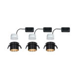 Trois spots encastrés noirs avec intérieur doré et drivers LED blancs pour éclairage LED moderne