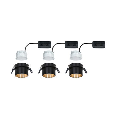 Trois spots encastrés noirs avec intérieur doré et drivers LED blancs pour éclairage LED moderne