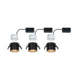 Three black recessed spotlights with gold interior and white LED drivers for modern LED lighting