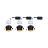 Trois spots encastrés noirs avec intérieur doré et drivers LED blancs pour éclairage LED moderne