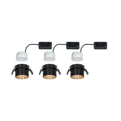 Trois spots encastrés noirs avec intérieur doré et drivers LED blancs pour éclairage LED moderne