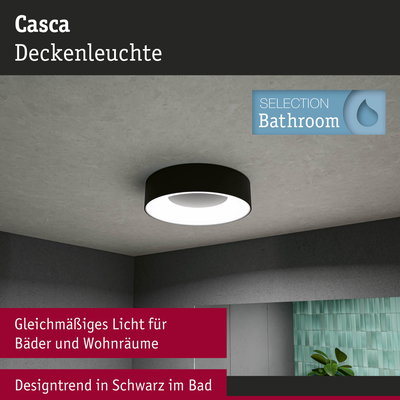 Schwarze Casca Deckenleuchte aus Metall mit gleichmäßigem Licht für Badezimmer und Wohnräume