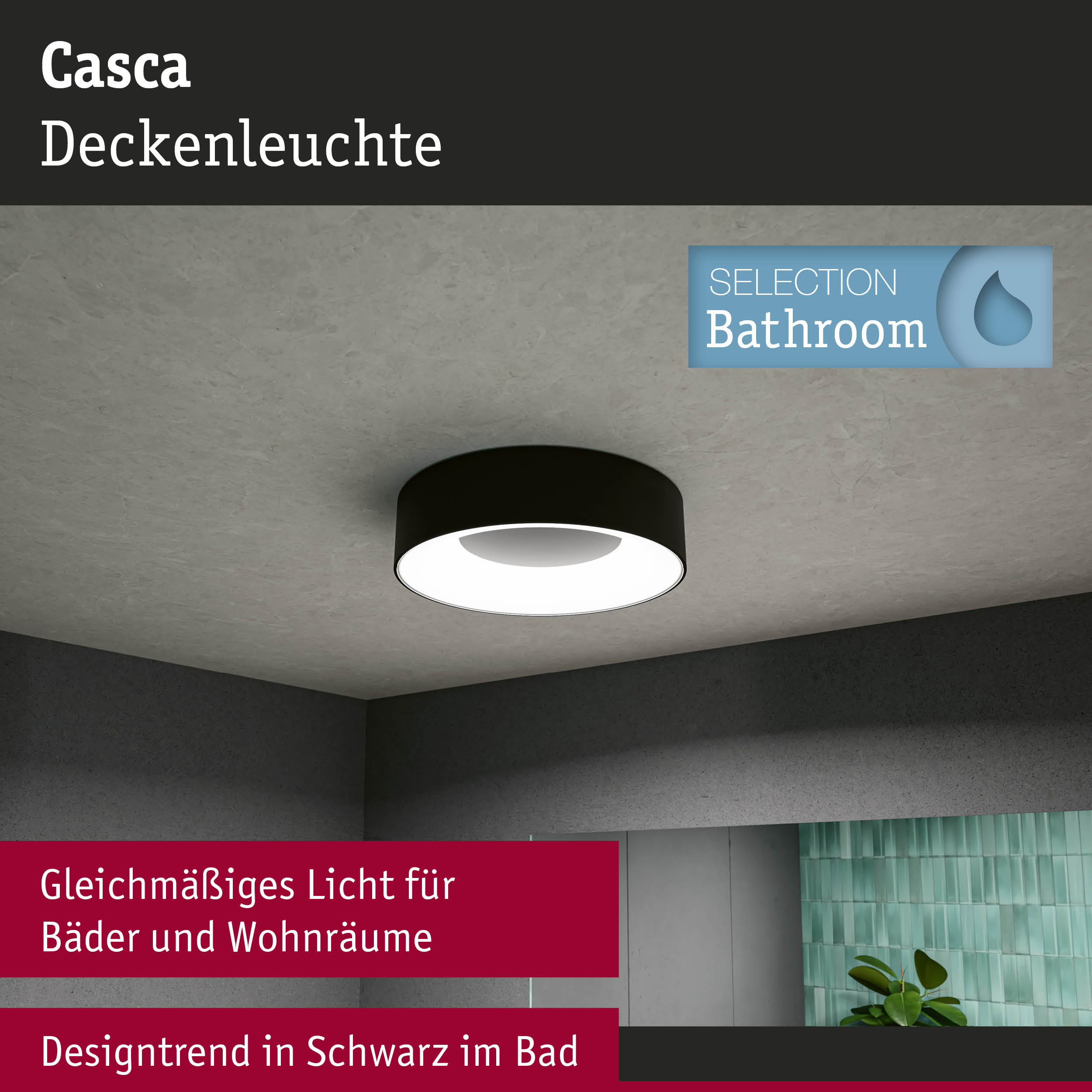 Schwarze Casca Deckenleuchte aus Metall mit gleichmäßigem Licht für Badezimmer und Wohnräume