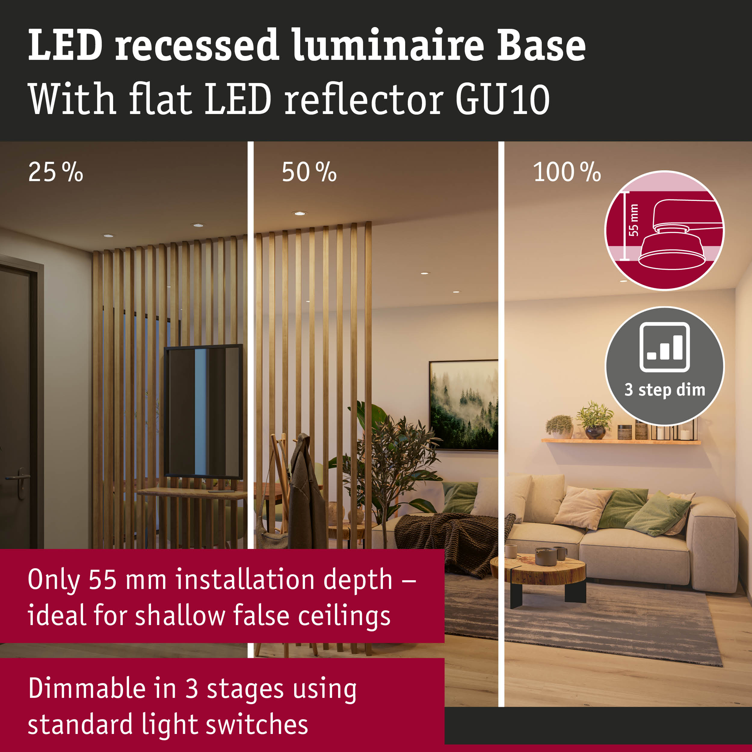 LED recessed luminaire Base with flat LED reflector GU10, 55 mm installation depth, dimmable in 3 steps