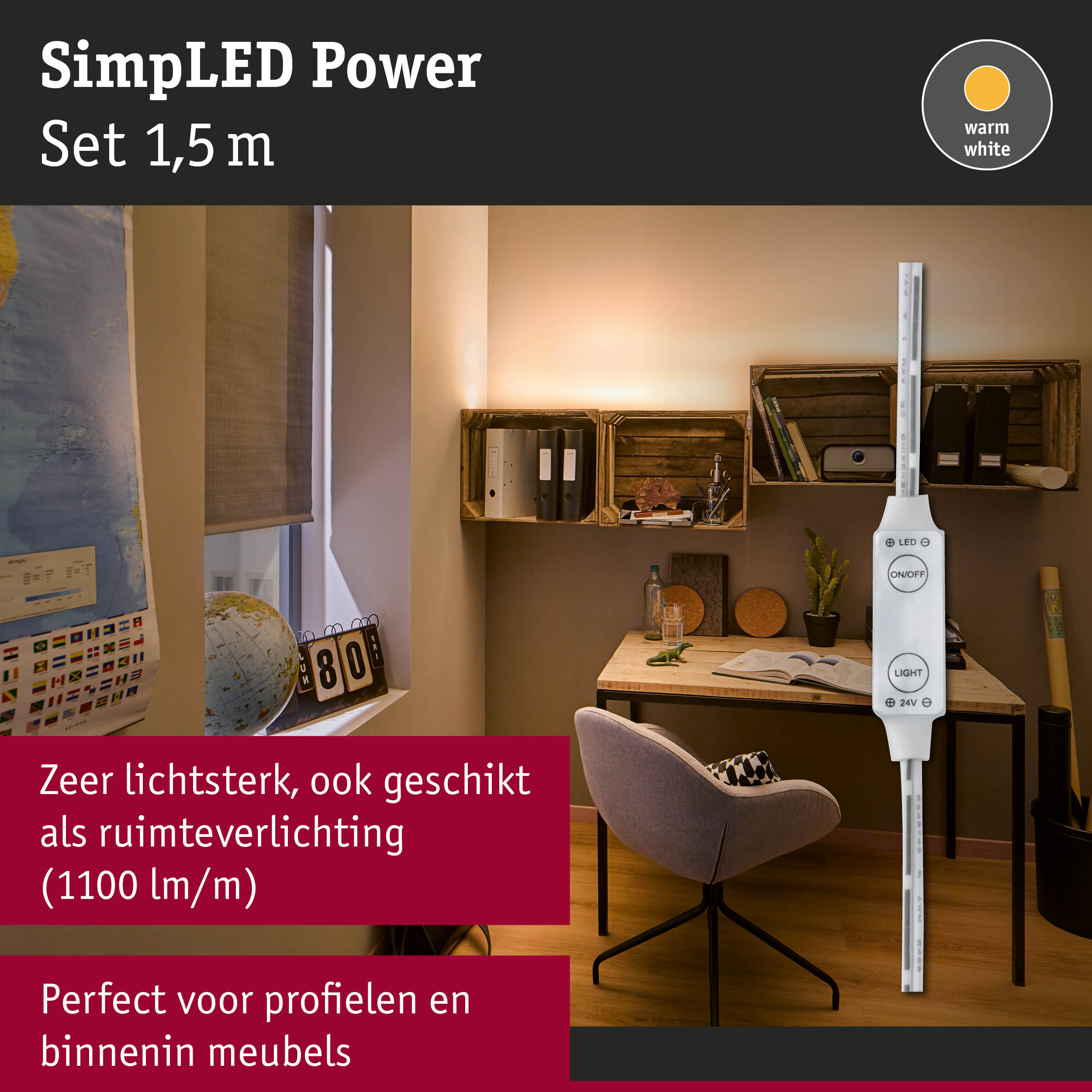 SimplLED Power LED-strip 1,5 m met warm wit licht voor meubel- en ruimteverlichting