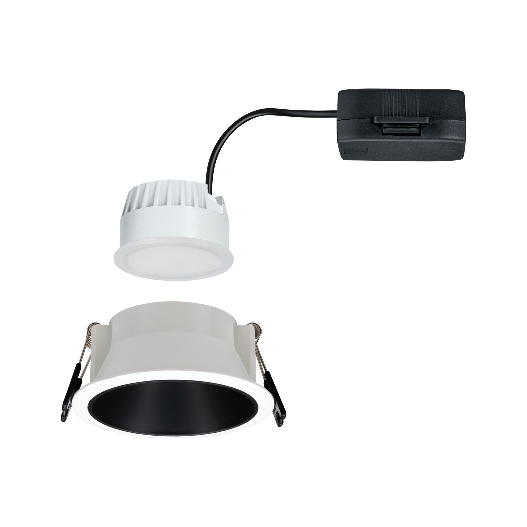 Weißer LED-Einbaustrahler mit schwarzem Reflektor und externem Treiber für moderne Innenbeleuchtung