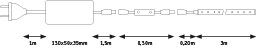 Technical drawing of a cable with plug, switch, and various length measurements in meters.