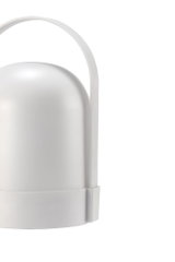 Lampe de table LED blanche moderne au design arrondi avec poignée pratique en plastique.