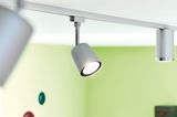 Modern grey metal LED spotlight on track system with green wall background for home lighting