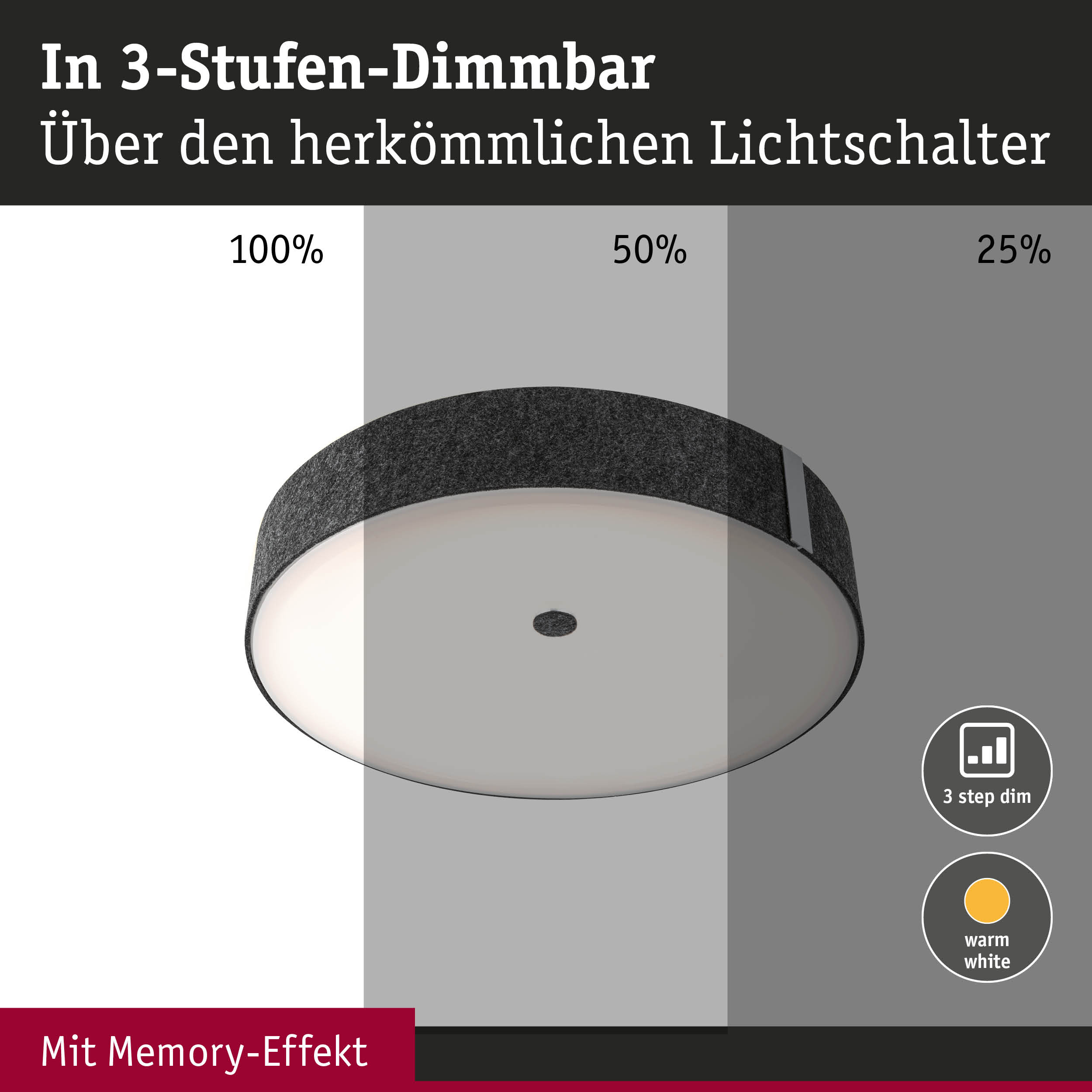 Runde Deckenleuchte mit schwarzem Rand und warmweißem Licht, 3-Stufen-Dimmfunktion mit Memory-Effekt