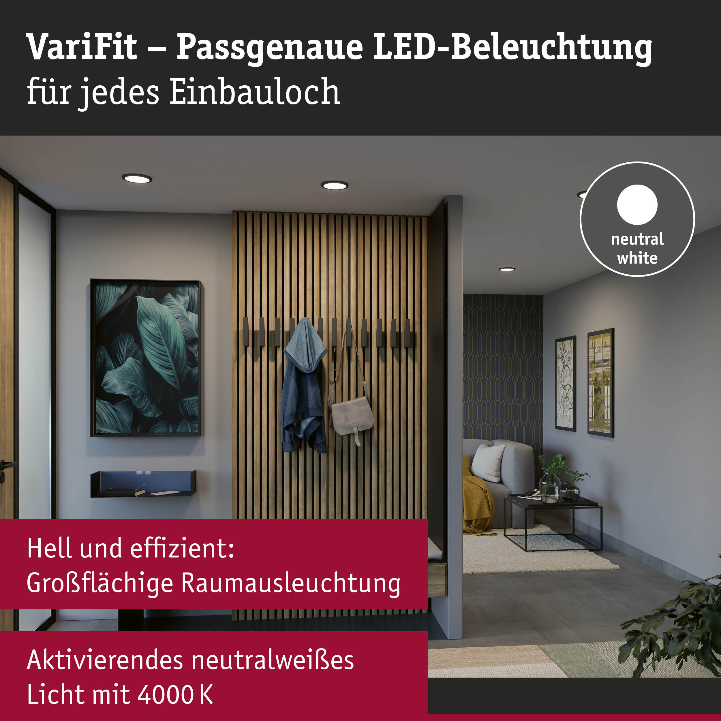 Moderner Wohnraum mit passgenauer LED-Deckenbeleuchtung in neutralweißem Licht 4000K
