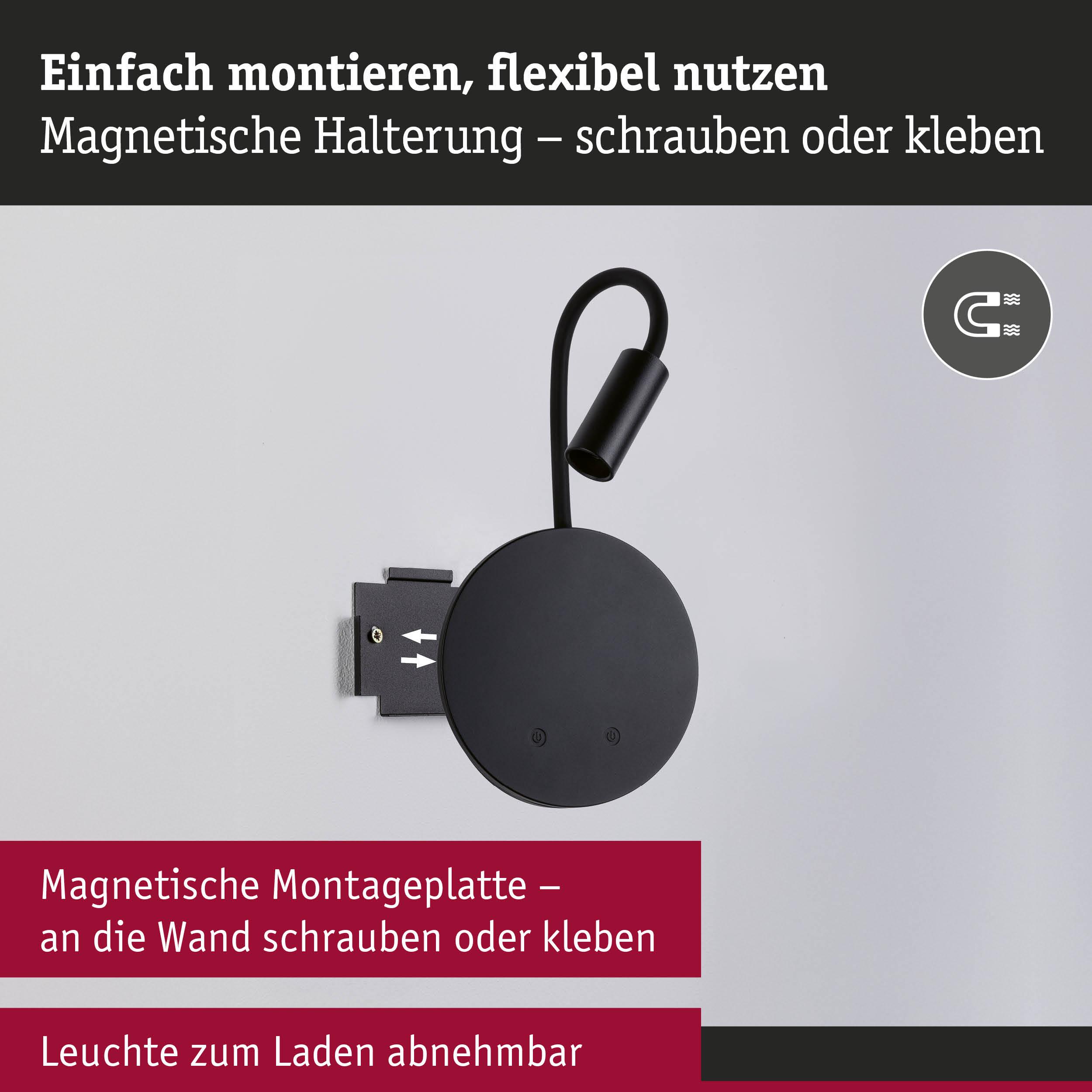 Schwarze magnetische Wandlampe mit flexibler Halterung und abnehmbarer Leuchte zum Laden