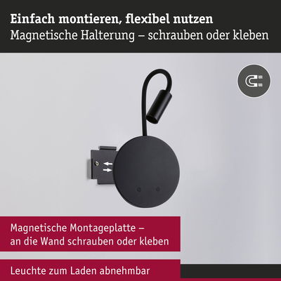 Schwarze magnetische Wandlampe mit flexibler Halterung und abnehmbarer Leuchte zum Laden