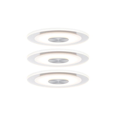 Drei runde weiße LED-Deckenleuchten mit Aluminium-Mittelteil und warmweißem Licht für Wohnräume