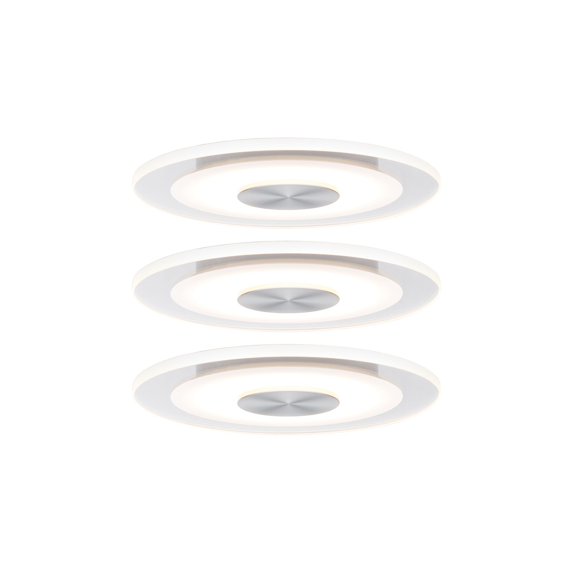 Three round white LED ceiling lights with aluminum center and warm white light for living spaces