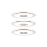 Tre runde hvide LED-loftlamper med aluminium i midten og varmt hvidt lys til opholdsrum