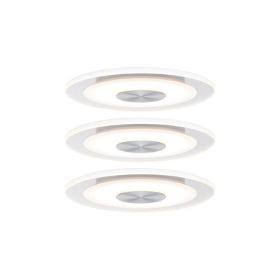 Drie ronde witte LED-plafondlampen met aluminium middenstuk en warm wit licht voor woonruimtes