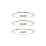 Drei runde weiße LED-Deckenleuchten mit Aluminium-Mittelteil und warmweißem Licht für Wohnräume