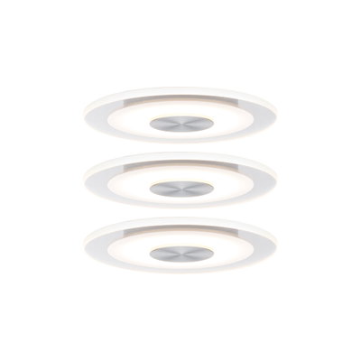 Drei runde weiße LED-Deckenleuchten mit Aluminium-Mittelteil und warmweißem Licht für Wohnräume