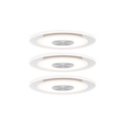 Drei runde weiße LED-Deckenleuchten mit Aluminium-Mittelteil und warmweißem Licht für Wohnräume