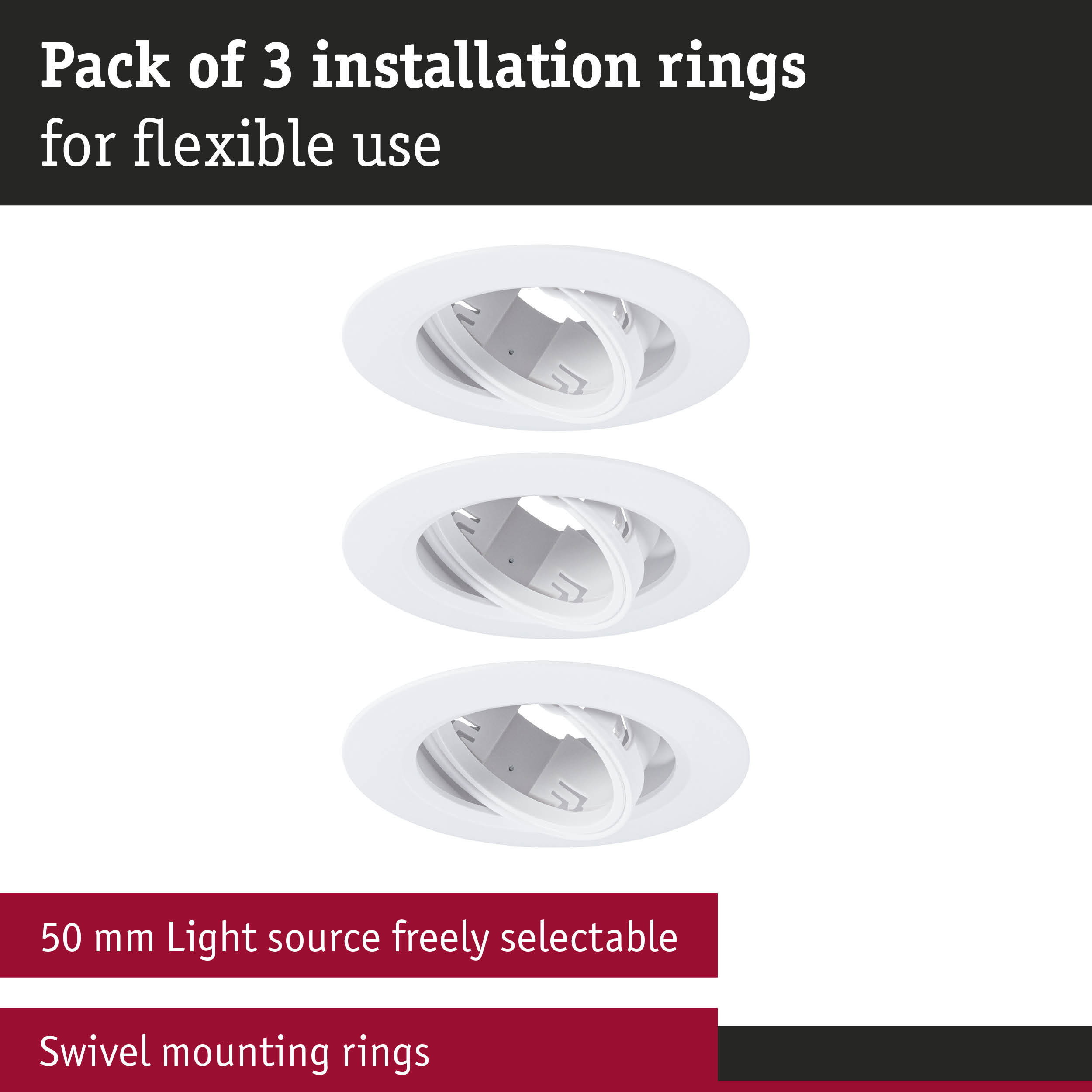 Pack of 3 white plastic installation rings with swivel mounting for flexible lighting use