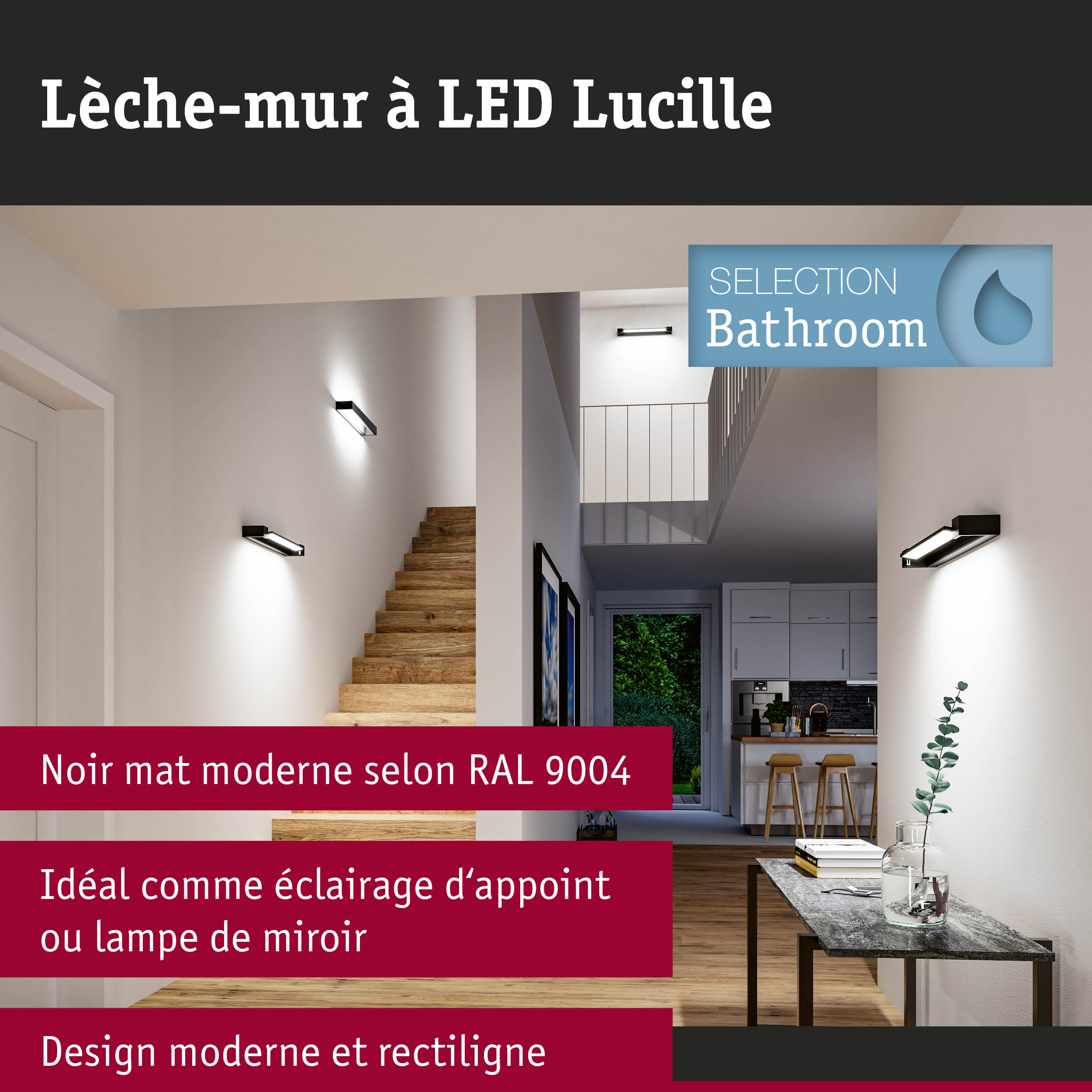 Applique murale LED noire Lucille au design moderne, idéale pour éclairage couloir et cuisine