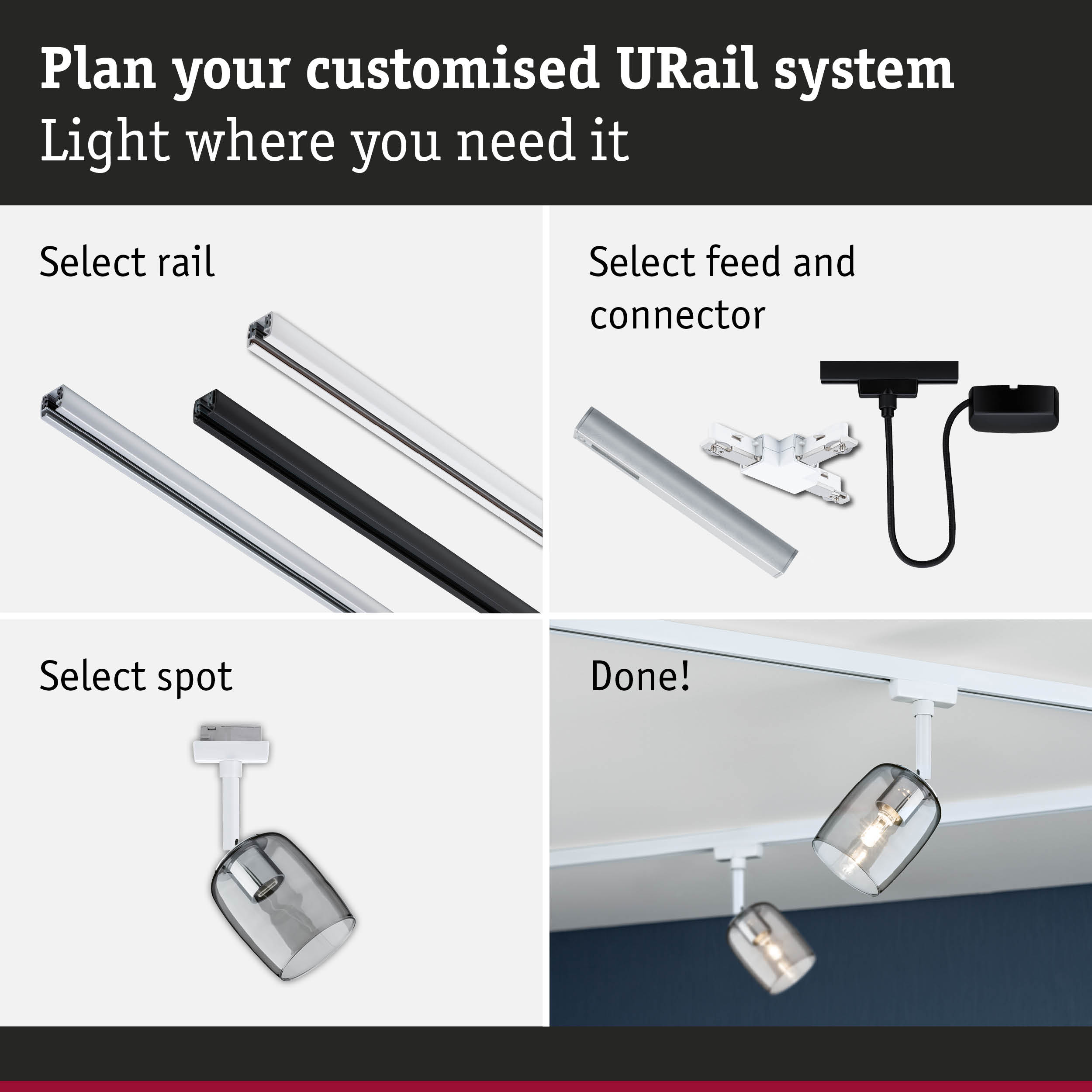 Modular URail track system with black and white aluminium rails for flexible LED lighting setup.