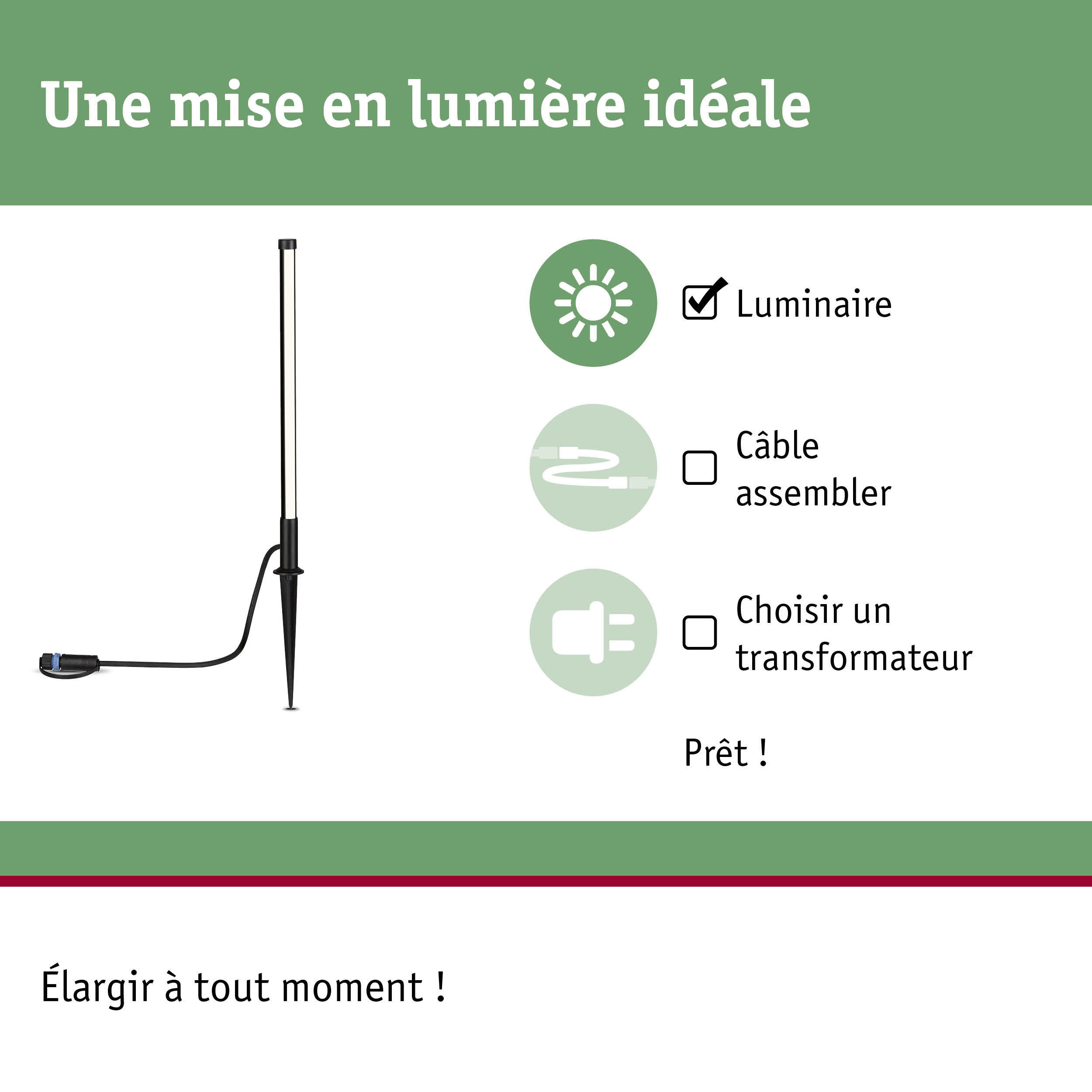 Luminaire LED noire avec piquet de terre et câble pour éclairage extérieur et jardin