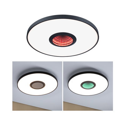 Plafonnier LED rond avec cadre noir et centre changeant de couleur pour un éclairage intérieur moderne