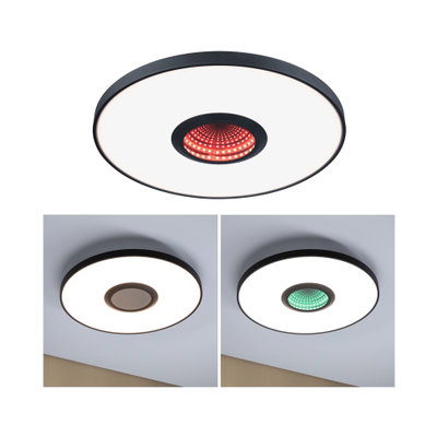 Round LED ceiling light with black frame and color-changing center for modern home lighting solutions